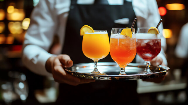 Closeup of a waiter s hands holding a silver tray with drinks