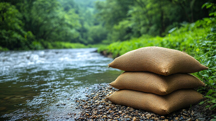 Sandbags lined along a riverbank representing flood resilience and water mitigation efforts in a modern, minimalistic scene with bright tones and empty caption space

