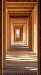 Wooden house frame hallway construction site sunlight