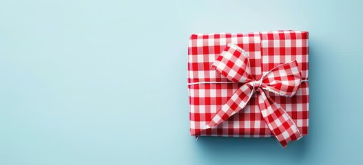 Obraz premium Small checkered Christmas gift box with red bow on light blue background