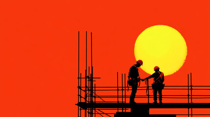 Construction worker standing on scaffolding, securing safety harnesses