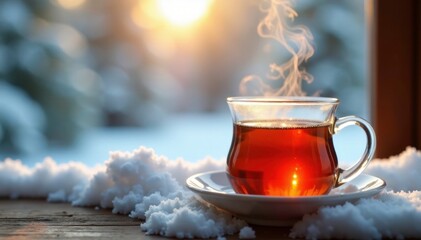 Warm steam rises from clear tea mug on snowy window background, serenity, morning