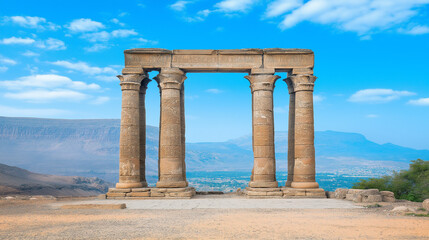 Fototapeta premium Ancient Ruins Archway: A majestic stone archway, supported by four weathered columns, stands proudly against a vibrant blue sky and a backdrop of distant mountains.