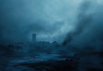 Post-Apocalyptic Cityscape with Foggy Atmosphere and Urban Decay