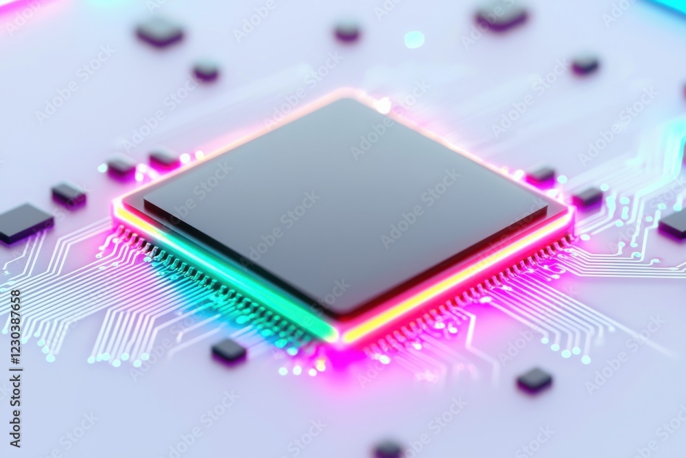 Poster a colorful microchip surrounded by glowing circuitry, showcasing modern technology and design.