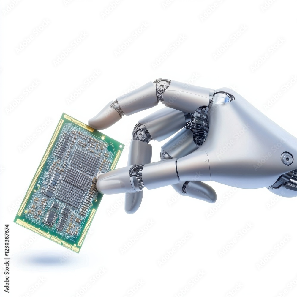 Poster a robotic hand holds a circuit board, symbolizing the intersection of technology and automation in m
