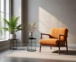 Single armchair placed beside a minimalist coffee table with a side of glass vase , sleek, clear glass