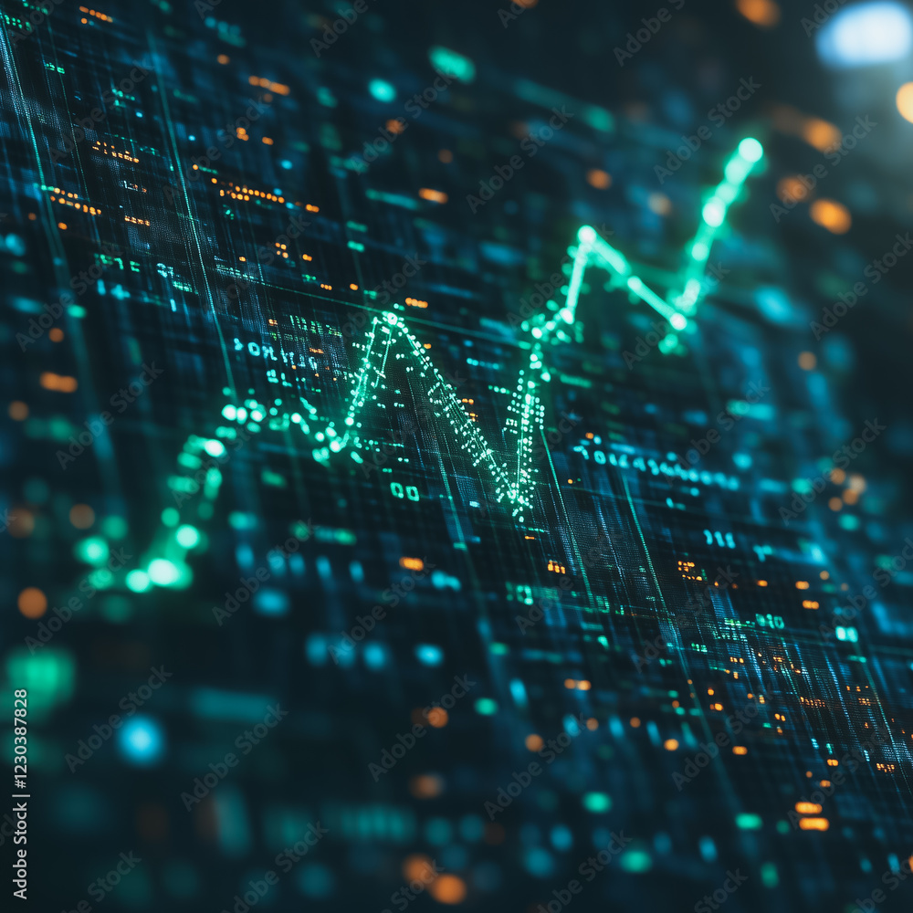Poster data visualization: a vibrant green line chart, a symbol of growth and progress, rises boldly agains
