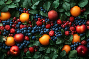 A vibrant collection of summer fruits nestled amongst lush green leaves