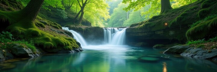 Fototapeta premium Soothing forest bath with misty waterfall scene, tranquility, peaceful atmosphere