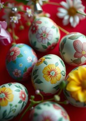 Colored floral easter eggs on a red background place for text easter holiday easter egg holiday illustration celebration easter