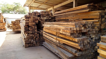 Stacked Wooden Planks in a Lumber Yard