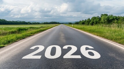 Open road with 2026 painted on asphalt under cloudy sky