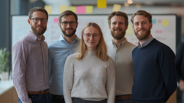A team of five tech startup founders, three men and two women, dressed in casual business attire, standing in a modern co-working space with blurred whiteboards full of brainstorming ideas in the back