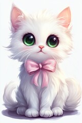Cute white kitten with pink bow, sitting, white background, pet portrait