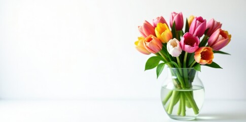 Fototapeta premium Spring flower arrangement in a clear glass vase against white backdrop, flower, clear
