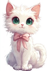 Cute white kitten, pink bow, sitting, white background, pet