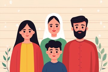 A digital illustration of a diverse family of four, featuring a mother, father, daughter, and son, set against a simple, light background with decorative leaves.