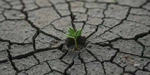 Small green sprout pushing through dry gray cracked clay surface , small, dry
