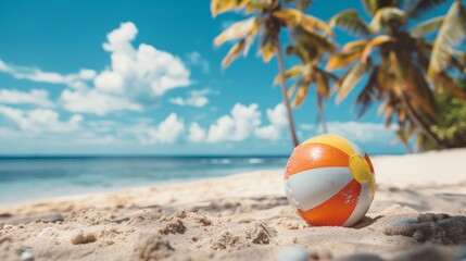 Obraz premium A vibrant beach ball placed on a sunny sandy beach near swaying palm trees and clear skies