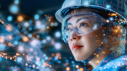 Visionary Engineer: A close-up portrait of a female engineer wearing a hard hat and safety glasses, her face illuminated by a mesmerizing digital overlay of data streams and glowing particles.