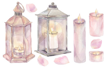 Hand-painted watercolor ilustration. Lanterns and candles surounded by petals, isolated on a white background.