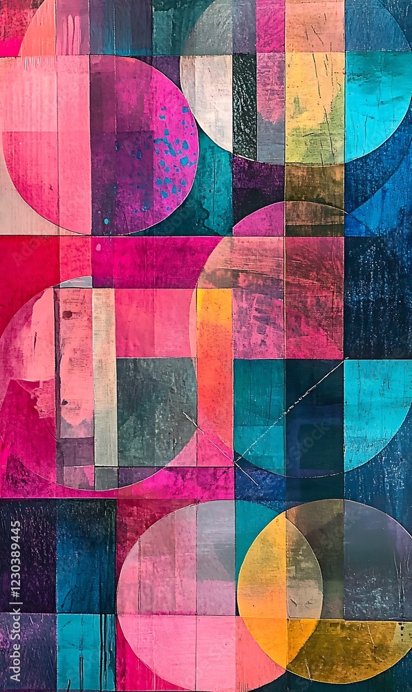 Poster a vibrant abstract backdrop with intersecting diagonal lines in yellow, orange, blue, and pink with 