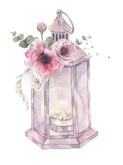 Hand-painted watercolor illustration. A rustic lantern decorated with flowers, isolated on a white background.