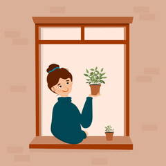 The girl is standing at the window with a flower pot in her hands. The young lady is engaged in her favorite hobby - gardening. Home garden, growing indoor plants. Flat vector illustration