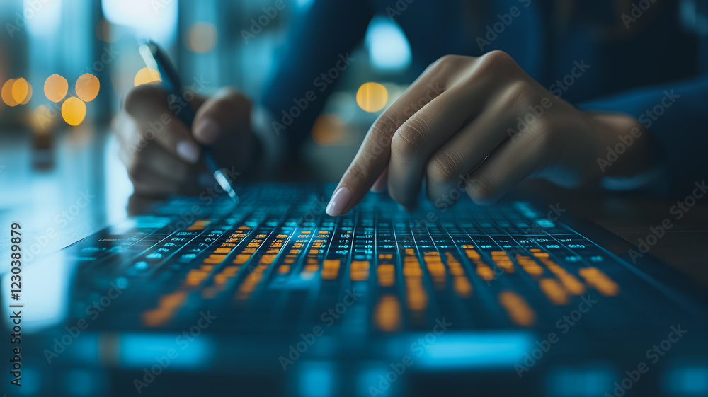 Poster digital nomad analyzing data: close-up of hands skillfully navigating a digital tablet, fingers trac