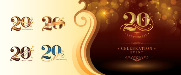 Set of 20th Anniversary logotype design, Twenty years Anniversary Logo, Elegant Classic Logo, Luxury Vintage and retro Serif Number 20, Celebrating Anniversary Logo for Congratulation event invitation