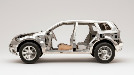 Silver metallic suv frame with exposed interior components on white background