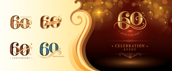 Set of 60th Anniversary logotype design, Sixty years Anniversary Logo, Elegant Classic Logo, Luxury Vintage and retro Serif Number 60, Celebrating Anniversary Logo for Congratulation event, invitation