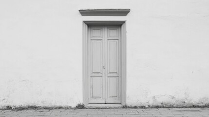 Fototapeta premium Whitewashed wall with an old, closed, double wooden door.
