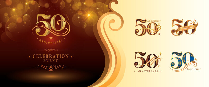 Set of 50th Anniversary logotype design, Fifty years Anniversary Logo, Elegant Classic Logo, Luxury Vintage and retro Serif Number 50, Celebrating Anniversary Logo for Congratulation event, invitation