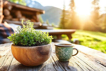 Entspannung auf der Berghütte – Kräuter und Tee im Sonnenuntergang  

