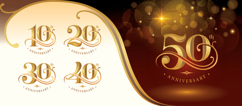 Set of 10 to 50 years Anniversary logo design, Ten to Fifty years Celebrating Anniversary Logo, Golden curved lines Elegant Classic Logo, 10,20,30,40,50 Luxury numbers for Congratulation event