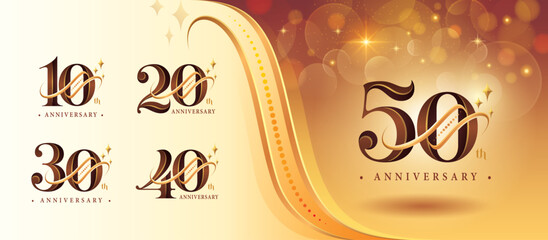 Set of 10 to 50 years Anniversary logo design, Ten to Fifty years Celebrating Anniversary Logo, Gold curved lines Star Elegant Classic Logo, 10,20,30,40,50 Luxury numbers for Congratulation event