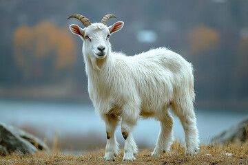 Obraz premium White Goat Standing In Autumn Landscape