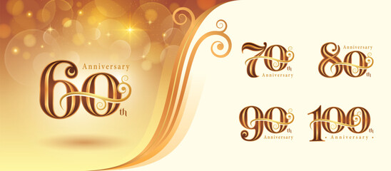 Set of 60 to 100 years Anniversary logo design, Sixty to Hundred years Celebrating Anniversary Logo, Gold curved roll line Elegant Classic Logo, 60,70,80,90,100 Luxury numbers for Congratulation event