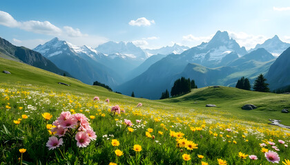 Mountains in Bloom: “A panoramic view of a mountain landscape in spring, where the slopes are covered in blooming alpine flowers and snow-capped peaks can be seen on the horizon.”

