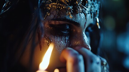 Woman with Glittering Crown and Blood, Lighting a Match