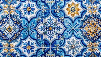Portuguese Azulejo Tiles Watercolor Landscape: Indigo Geometric Pattern Background