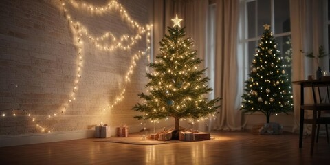Sparkling fairy lights strung around Christmas tree, festive, fairy light
