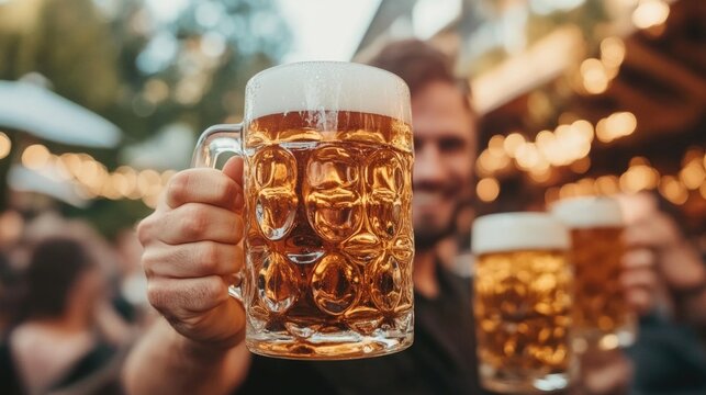 Happy mid adult friends clinking with beer mugs in pub. Three cheerful guys drinking draft beer, celebrating meeting and smiling. Laughing young men enjoying cold pint of beer during night at bar