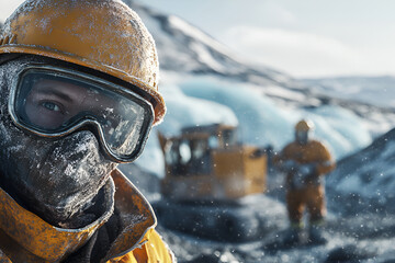 A close-up photographic portrait of workers in protective gear actively working in a mining area in the icy landscape of Greenland.