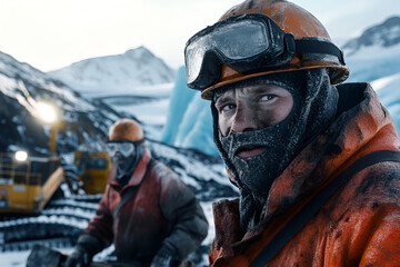 Obraz premium A close-up photographic portrait of workers in protective gear actively working in a mining area in the icy landscape of Greenland.