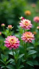 Fototapeta premium Dainty dahlia blossoms amidst a tapestry of lush greenery, garden, nature, foliage