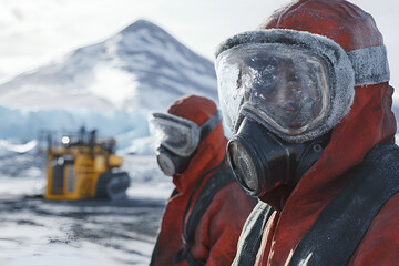 A close-up photographic portrait of workers in protective gear actively working in a mining area in the icy landscape of Greenland.