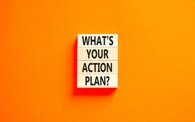 Action plan symbol. Concept words What is your action plan on beautiful wooden blocks. Beautiful orange table orange background. Business What is your action plan concept. Copy space